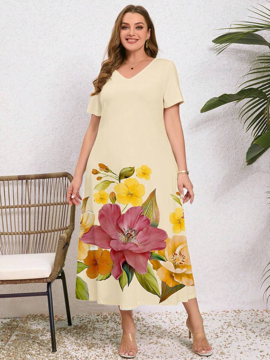 SHEIN VCAY 休闲简约碎花大码连衣裙,适合夏季穿着 - 彩色 - 查看 1