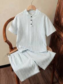 2 peças Conjunto de camisa de manga curta e calções para rapazes adolescentes, primavera/verão, férias, texturado, cor damasco, riscas verticais bolha - Baby Azul - Ver 1
