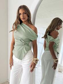 Siren Gaze Women's Solid Color Asymmetric Shoulder Pleated Casual Versatile Daily Outing Top - Mint Green - View 3