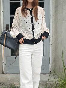 FRIFUL Chaqueta de mujer con estampado de lunares y patchwork de bloques de color - Albaricoque - Ver 3