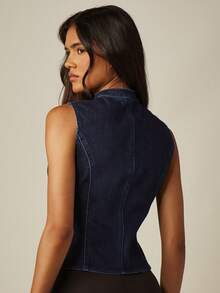 MISSGUIDED Fitted Keyhole Stretch Denim Corset Style Sleeveless Top With Zipper Closure And Tie Detail - Dark Wash - View 2