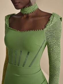 Coutiva Women's Lace Patchwork Formal Evening Gown - Olive Green - View 5
