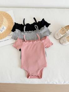 SHEIN LMoss Kids 3件套新生女宝宝休闲可爱简约纯色露肩短袖连体衣套装 - 淺灰色 - 查看 5