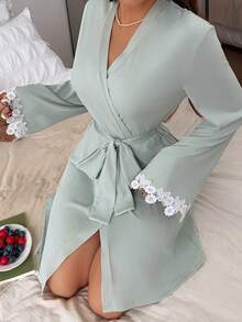 Napfluff Solid Color Lace Patchwork Slim Fit Camisole Pants With Long Sleeve Women's Loungewear Robe - Green - View 4