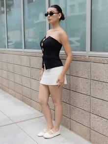 Andrea Bello 女款春夏平口休閒上衣 大金屬扣飾裝飾 黑色 - 黑色 - 查看 4