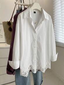 Comfortcana Elegant Women's Spring/Summer Breathable Lightweight White Button Down Blouse Versatile Crochet Lace Hem Long Sleeve Shirt For Office & Date - White - View 8