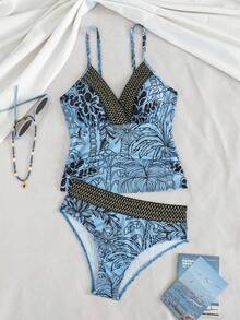 Swim Lushoire 女款成熟優雅度假風泳衣套裝：簡約黑色細肩帶V領比基尼上衣配熱帶植物印花，搭配優雅復古度假風高腰比基尼下裝，飾有黑銀編織滾邊。度假首選（適合春假、開學季 - 彩色 - 查看 7