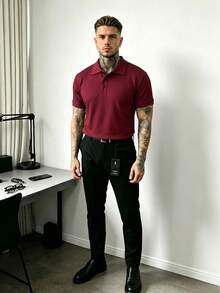 JOLTRO 男士素色短袖休閒通勤 Polo 衫 - 酒紅色 - 查看 5