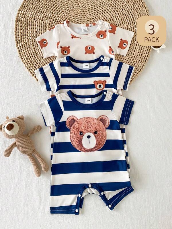 Playful Pals 3pcs Newborn Baby Striped Cute Bear Print Digital Print Round Neck Short Sleeve Romper, Suitable For Summer Versatile, Casual Daily Outings And Various Occasions