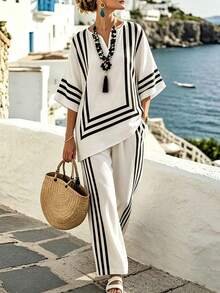 SHEIN Holidaya 2026 Summer NewLinen Black And White Checkered Blouse, Loose V-Neck Mid-Sleeve Asymmetrical Hem Vacation Style Linen Shirt For Women Sexy Tropical - Apricot - View 3