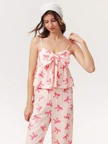 Elorette Conjunto de Pijama Feminino com Alça Fina e Laço Romântico - Rosa chiclete - Visão 5