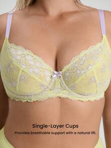 LUVLETTE Plus Full Coverage Breathable Unlined Lace Elegance & Mesh Keyhole Detail Lingerie CurveLight Green & Purple Sheer Minimizer Bridal Intimates Bra - Green - View 4