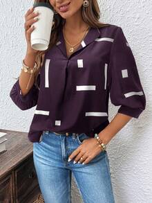 SHEIN LUNE Ropa de Navidad para Mujer Blusa Casual de Oficina para Mujer, Uniforme de Trabajo para Maestra, Ropa de Fiesta, Camisa Negra con Estampado de Lentejuelas Conjunto de Año Nuevo, Casual - Morado - Ver 6