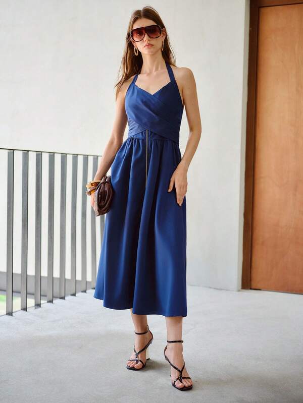 MOTF PREMIUM ZIPPER FRONT CROSS WRAP TIE BACK HALTER DRESS VACATION GARDEN PARTY NAVY BLUE SUMMER ELEGANT SEXY