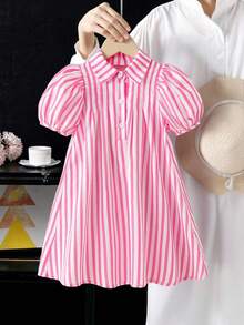 SHEIN Elladie kids Đầm sọc hồng cho bé gái, điểm nhấn là chiếc nơ hồng ngoại cỡ, tay phồng ngắn, cổ Peter Pan, kiểu dáng thường ngày, thích hợp cho kỳ nghỉ hoặc mặc hàng ngày. - Hồng - Xem 4