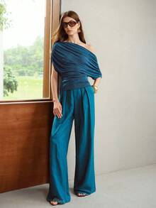 MOTF PREMIUM ASYMMETRIC SHOULDER RUCHED KNIT TOP - Teal Blue - View 2
