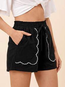 Coeurva Casual Vacation Solid Color Woven Loose Fit Women's Shorts - Black - View 6