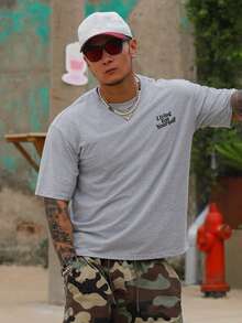 DAZY 男士短袖灰色花卉字母印花T恤 - 灰色 - 查看 6