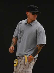 DAZY 夏季圖案印花灰色短袖街頭風男士 Polo 衫 - 灰色 - 查看 6