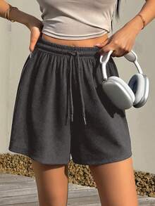 DAZY Damen-Shorts mit Kordelzug-Bund, plissiert, lässig, vielseitig, für Alltag, Ausflüge, Wandern, Grau, Sommer, Schule - Grau - Übersicht 1