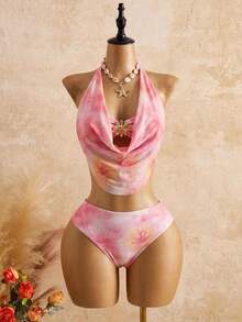 Bellisia 2026 Women's Spring/Summer Vacation Romantic Yellow Orange Floral Halter Tankini Set With Cake Cover-Up Skirt - Pink - View 3