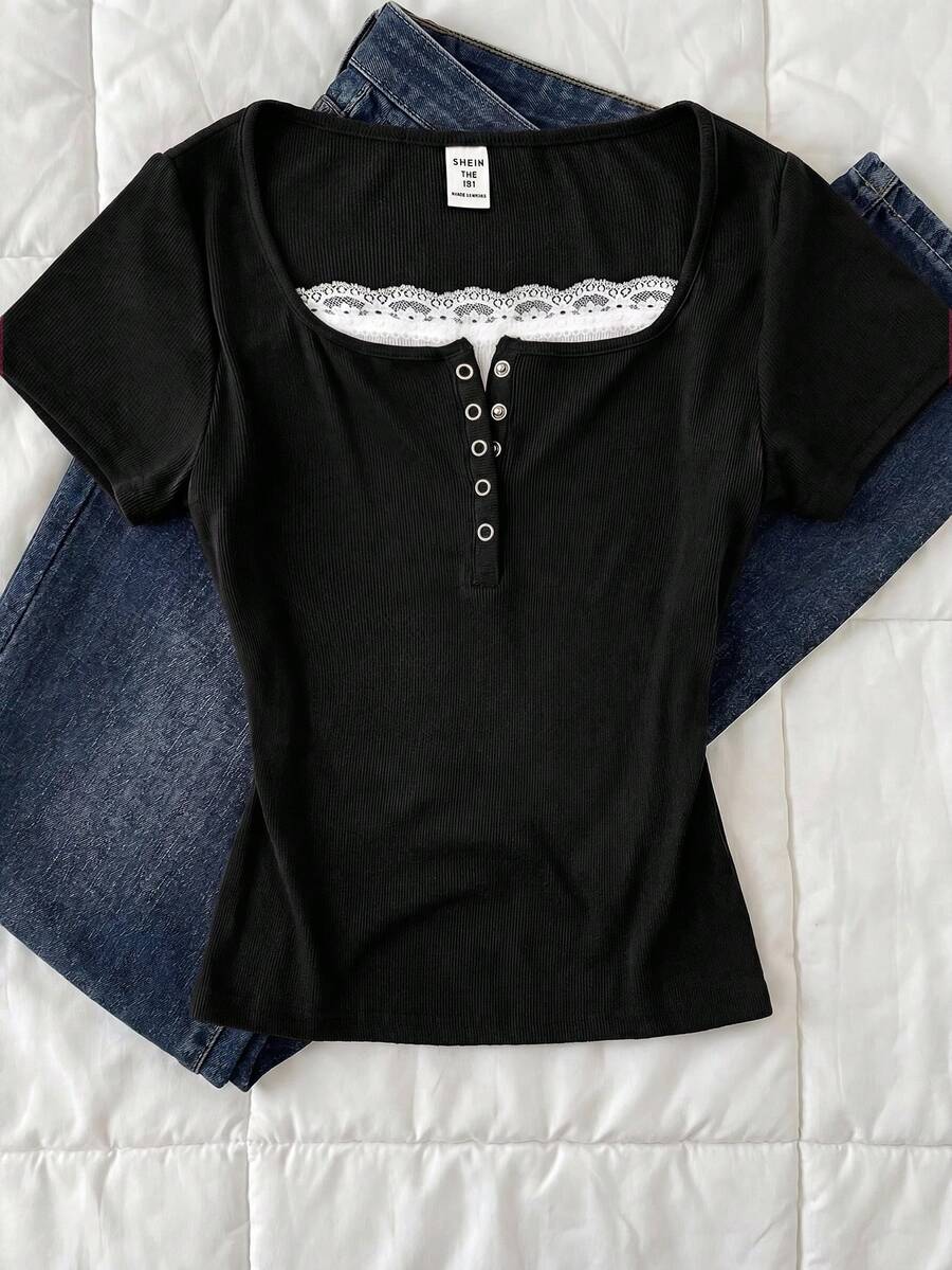 Tween Girls T-Shirts Burgundy Short Sleeve T-Shirt, Y2K Retro Casual Girl Home Lace Trim Tween Girls Fitted Navy Blue Polyester Short Sleeve Tee With Keyhole Neck And Ruched Bust For Everyday Style - Black - View 1