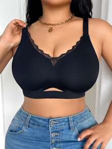 SHEIN Sujetador sin costuras con parches de encaje y escote profundo para tallas grandes - Negro - Ver 4