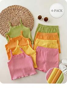 SHEIN 8pcs/Set Young Girl Solid Color Knit Camisole Top And Shorts Set - Multicolor - View 3