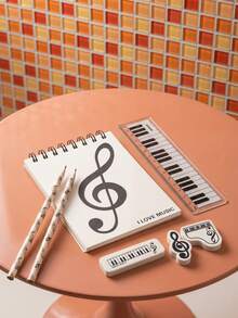 Joivida 1Pc/3Pcs Stationery Set, Holiday Event Gift, Piano Note Theme, Combo Including Pencils, Rulers, Erasers And Notebooks With Black-And-White Keyboard Patterns - Multicolor - View 1