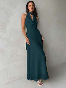 Aloruh Women's Yellow Cowl Neck A-Line Backless Dress With Straps - Teal Blue - View 3