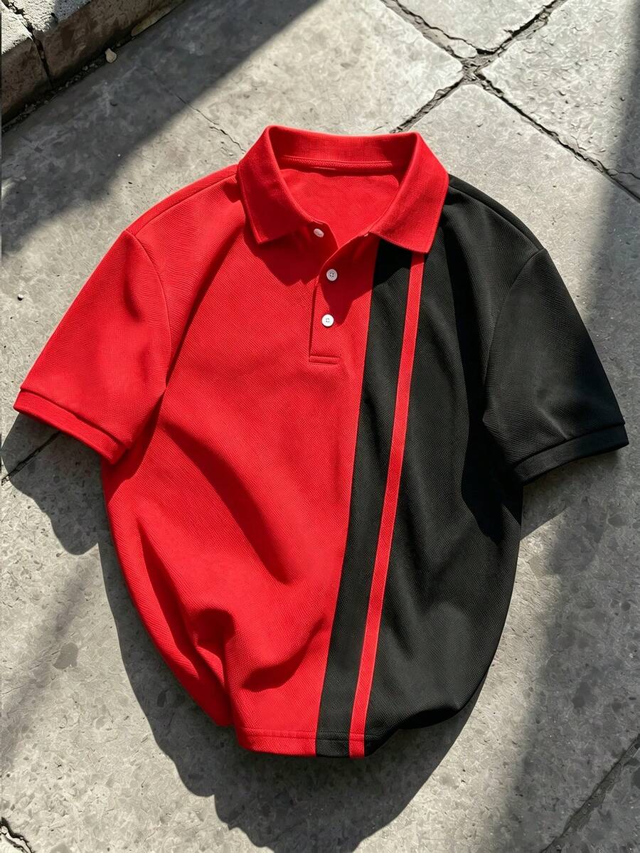 NEOREFINED Men's Color-Blocking Short Sleeve Polo Shirt - Red - View 1