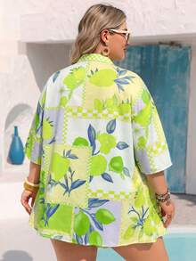 Vivid Eden Plus Size Women's Fruit Print Half Sleeve Top And Drawstring Waist Shorts Casual Vacation 2-Piece Set Green Summer - Green - View 2