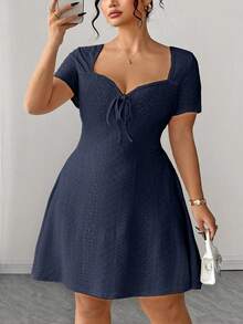 Elenzga Plus Size Fitted Slimming Fashion Yellow Jacquard Dress - Blue - View 3