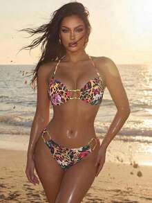 Swim SXY Women's Summer 2-Piece Sexy Leopard Print Metal Decor Spaghetti Strap Halter Bikini Set - Multicolor - View 3