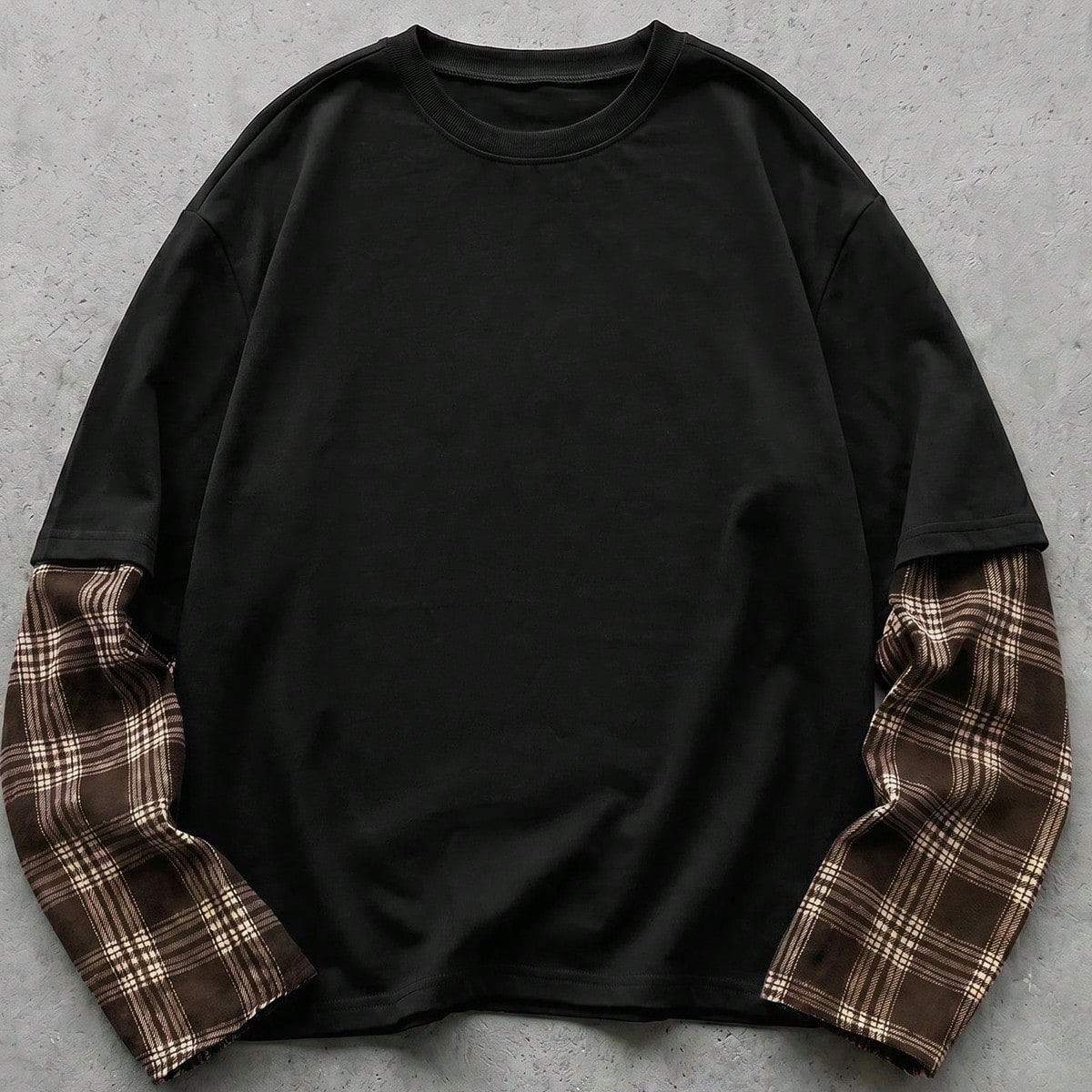 Camiseta casual de hombre para ir al trabajo y calle con patchwork de cuadros y efecto de capas, top de manga larga, vacaciones, regalos del Día del
