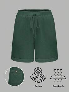 SHEIN EMERY ROSE CURVE Plus Size Vacation Washed Cotton Cinched Waist Back Pocket Button Decor Women's Short Top - Dark Green - View 4