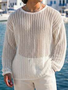 Ironwick Men Solid Open Knit Top Round Neck Long Sleeve Pullover Plain White Sweater For Boyfriend Gift, Fall - White - View 1