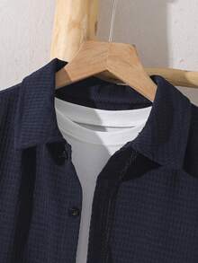 Mirajuku Set Kasual Kemeja Lengan Pendek Kancing Tunggal Warna Polos untuk Anak Laki-Laki Usia Remaja, Terdiri dari Celana Pendek dan Kemeja Lengan Pendek - Navy Blue - View 3