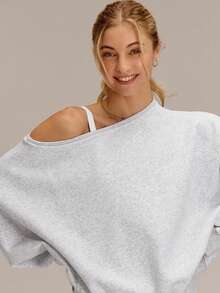 GLOWMODE Everyday Fleece Shine Bright Soft Warm Lightweight Oversized Off-The-Shoulder Pullover Sweatshirt Autumn Winter Outdoors Daily Casual Wear - 灰色 - 查看 3