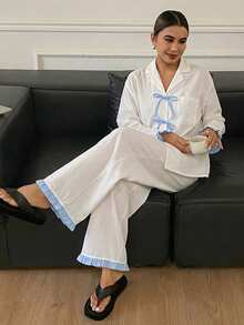DAZY Cute Colorblock Lace-Up Bow Ruffle Trim Cardigan Long Sleeve & Long Pants 2pcs Set Spring Women's Pajama Set Fall - White - View 5