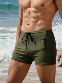 ZELFYO Men's Solid Color Swim Trunks For Vacation And Beach, Holiday - Army Green - View 4