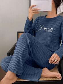 Set De Pijama Térmica Acanalada De Dos Piezas Suave Y Cómoda / Conjunto de pijama con top de cuello a cuadros y pantalones con textura de burbujas para otoño e invierno - Azul - Ver 1