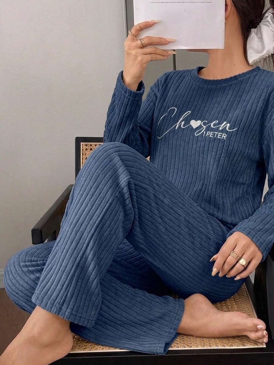 Set De Pijama Térmica Acanalada De Dos Piezas Suave Y Cómoda / Conjunto de pijama con top de cuello a cuadros y pantalones con textura de burbujas para otoño e invierno - Azul - Ver 1