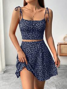 SHEIN Raffinéa 女款全身印花細肩帶上衣與迷你裙休閒日常套裝 - 藏蓝色 - 查看 4