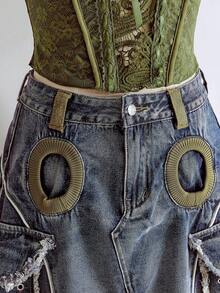 ROMWE Avant Women's Retro Vintage Y2K Aesthetic A-Line Denim Skirt With Cargo Pockets - Blue - View 3