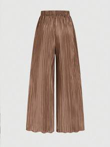 Elenzga Pantalon large plissé pour femmes, taille élastique, bouton strass, affinant, pantalon d'été élégant et décontracté - Tabac - Voir 4