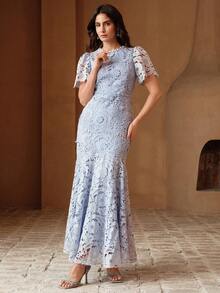 Anewsta Women's Elegant Water-Soluble Floral Hollow-Out Long Dress - Blue - View 6
