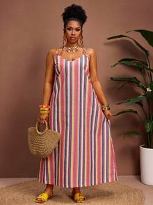 Truni Große Größen Gestreiftes minimalistisches Urlaubsstil Spaghetti-Träger-Kleid, für Birnen- und Dreieckskörperform - Verschiedenfarbig - Übersicht 4