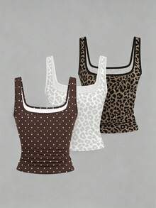 EMERY ROSE 3pcs Plus Size Women's Casual Polka Dot & Leopard Pattern Printed Sleeveless Vest Set, Summer - Multicolor - View 2