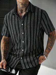 SLATEMANN 男士針織直條紋紋理休閒度假短袖襯衫 - 黑色 - 查看 5